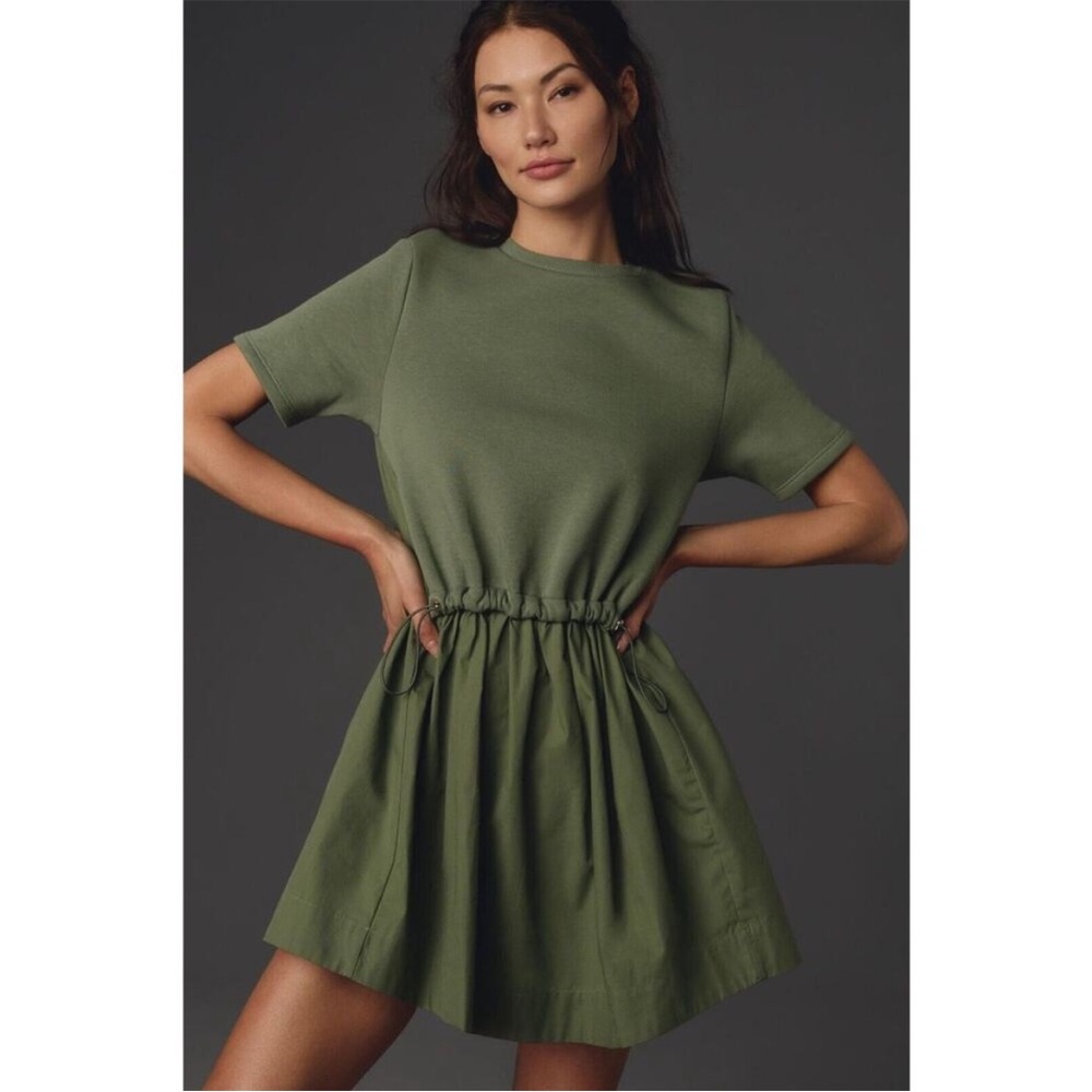 Anthropologie Olive Green Drawstring Mini Dress